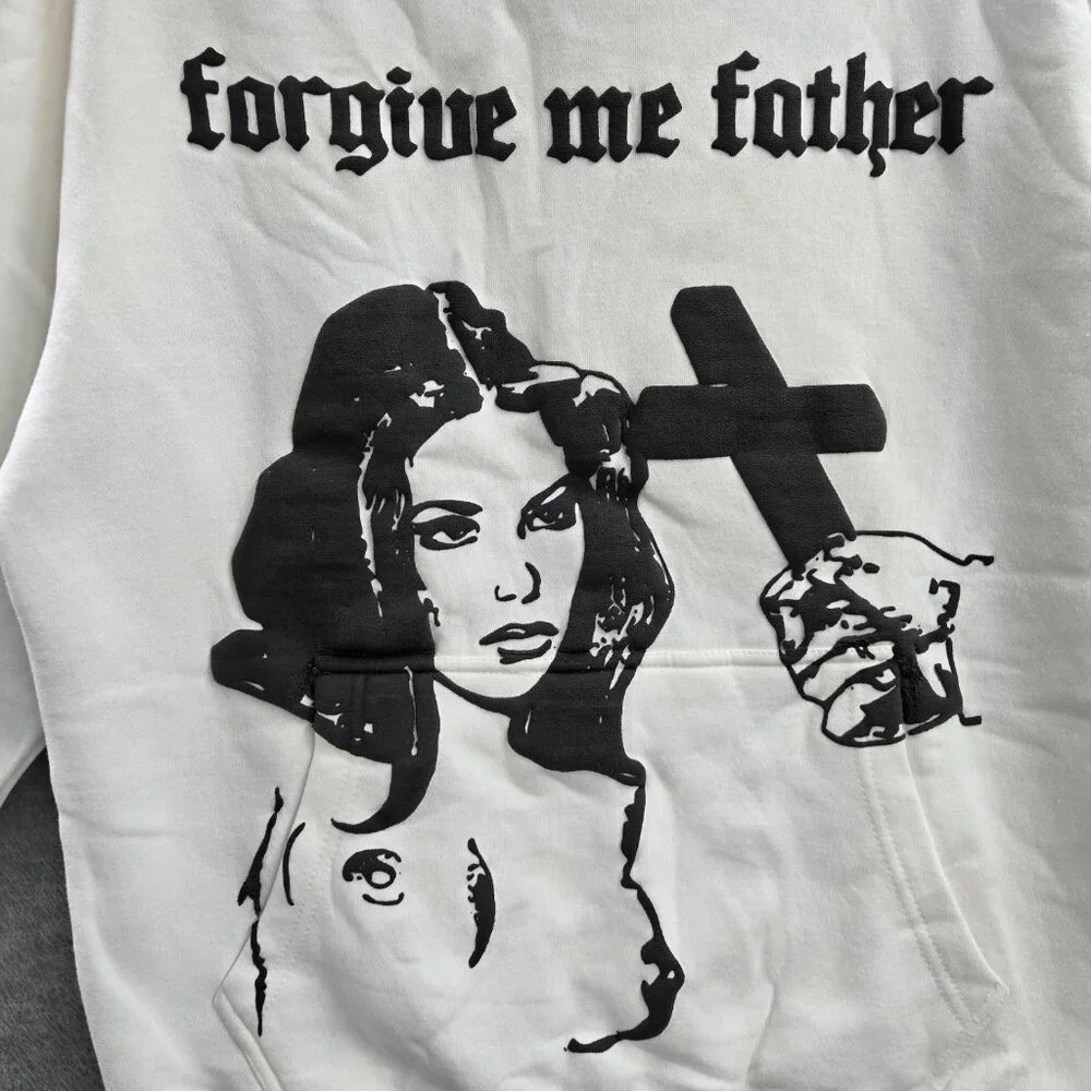 Subliminal Men Hoodie M White Graphic‎ Print Forgive Me Father Woman Portrait